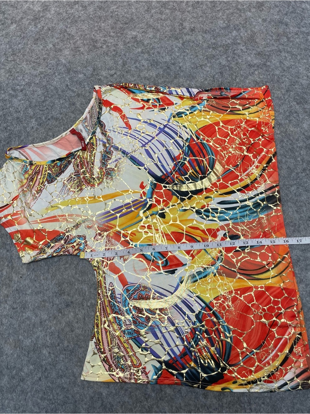 Unique Artwear Abstract Gold Foil Asymmetrical Statement Festival Top S/M Est - Picture 6 of 9